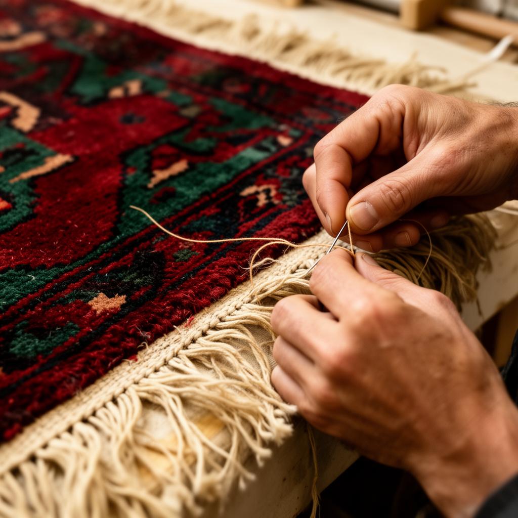 Réparation manuelle des franges d'un tapis ancien — savoir-faire Tapisseries Lesage