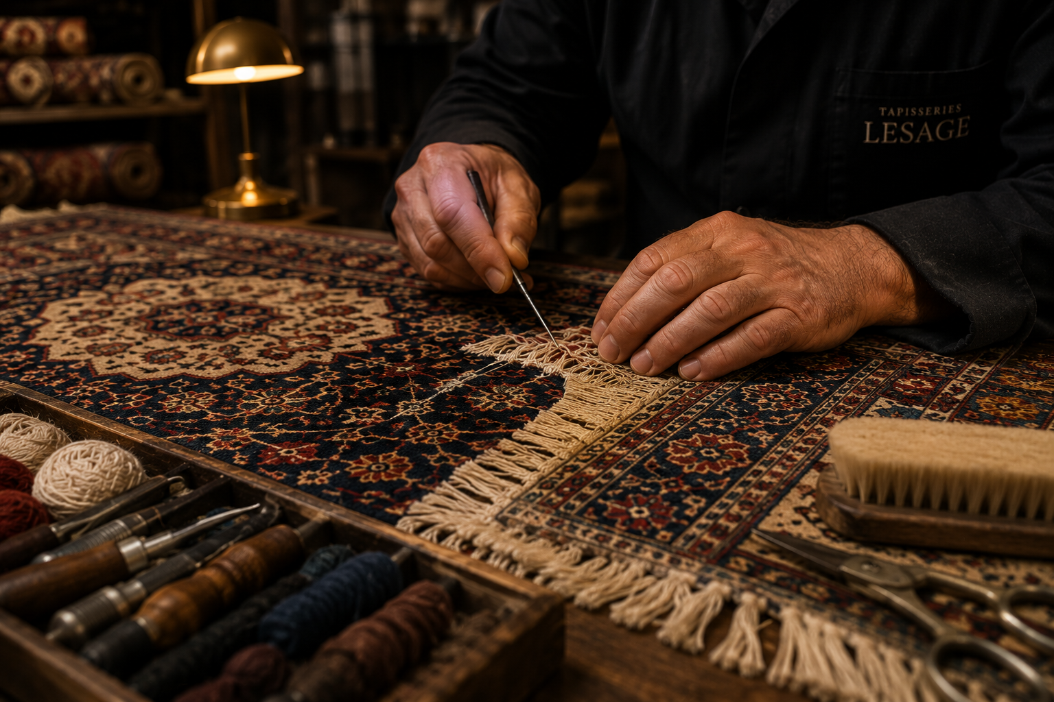 Rénovation artisanale de tapis — atelier Tapisseries Lesage en Belgique